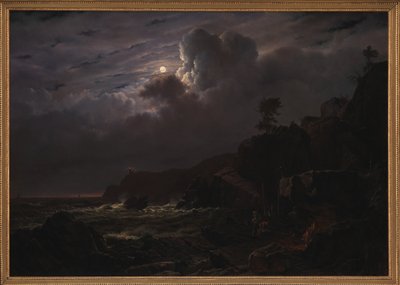 Ansicht von Kullen in Schweden. Schmuggler verstecken ihre Waren zwischen den Felsen. Mondlicht von Louis Gurlitt