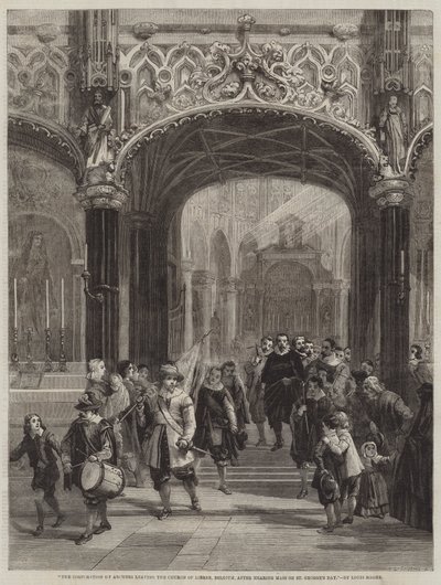 Die Gesellschaft der Bogenschützen verlässt die Kirche von Lierre, Belgien, nach der Messe am Georgstag von Louis Haghe