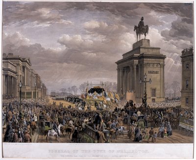 Der Leichenwagen des Herzogs von Wellington (1769-1852) passiert den Torbogen am Apsley House am 18. November 1852, 1853 von Louis Haghe