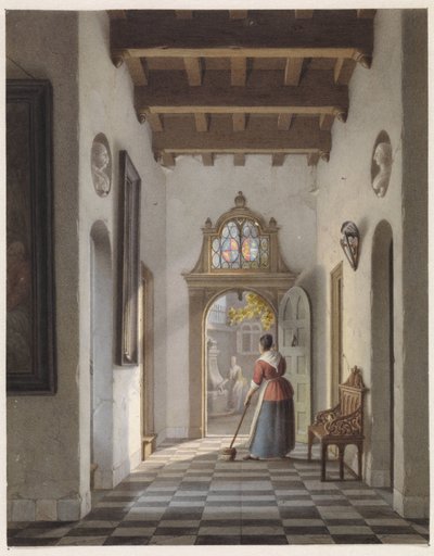 Mädchen, das den Flur eines Hauses fegt von Louis Henri de Fontenay