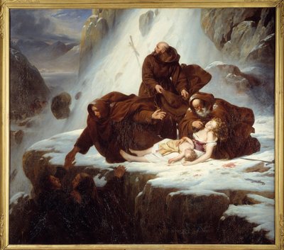 Die Ordensleute im Hospiz von Saint Gotthard (San Gottardo), die Familien helfen, die von Räubern betroffen sind von Louis Hersent