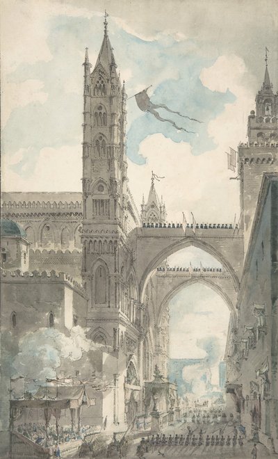 Ansicht des Portals und Haupteingangs der Kathedrale von Palermo während des Festes..., n.d. von Louis Jean Desprez