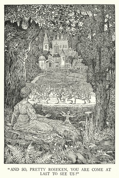 "Und so, hübsche Roseken, bist du endlich gekommen, um uns zu sehen?" (Lithografie) von Louis John Rhead