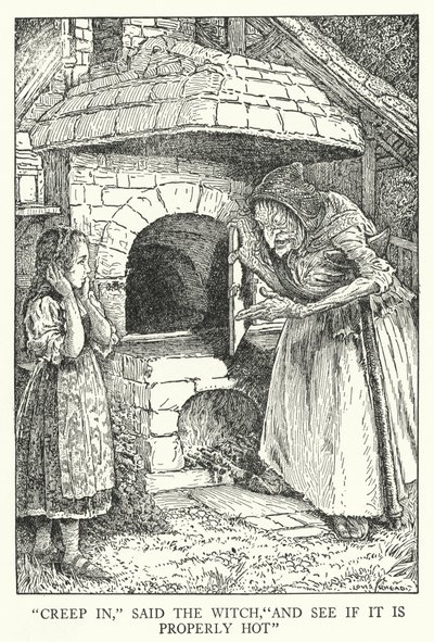 "Kriech hinein," sagte die Hexe, "und sieh nach, ob es richtig heiß ist" von Louis John Rhead