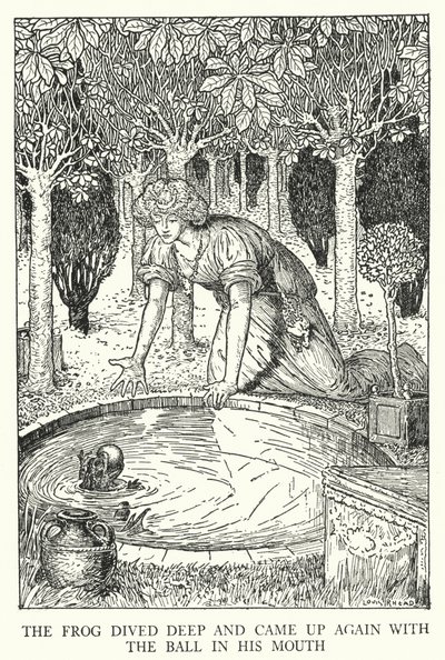 Der Frosch tauchte tief und kam wieder mit dem Ball im Maul (Lithografie) von Louis John Rhead
