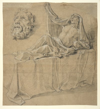 Liegende Figur und Maske eines bärtigen Mannes, Studie für "Das Begräbnis des Diakons Raymond" (Louvre) von Louis Licherie de Beuron (attr. to)