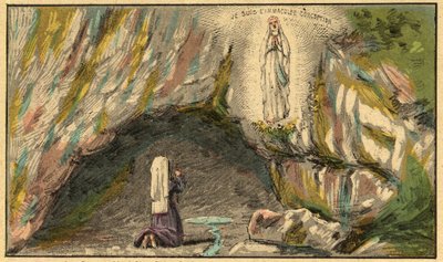 Die Erscheinung der Jungfrau Maria in Lourdes - Die Jungfrau erscheint Bernadette Soubirous (1844-1879) in Lourdes im Jahr 1858 - - Gravur aus „Religiöse Lehre durch die Augen. Wunderbares Album“ von Louis Maitrejean und Georget Ramond - Frankreich 1910 von Louis Maitrejean