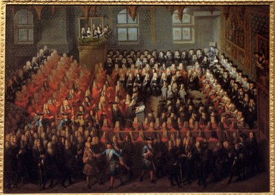 Bett der Gerechtigkeit, gehalten von Ludwig XV (1710-1774) in der Großen Kammer des Parlaments von Paris, um das Testament von Ludwig XIV (1638-1715) zu brechen von Louis Michel Dumesnil