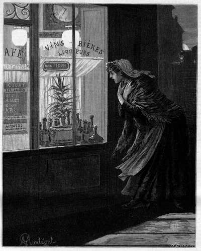 Vor diesen niedrigen Fenstern, nur beleuchtet in den verlassenen Straßen, geht ein kleiner Schatten vorbei und kehrt furchtlos zurück... Frau schaut durch das Glas eines Pariser Cafés. In „Trente ans de Paris“ autobiografische Sammlung von Alphonse Daudet  von Louis Montegut