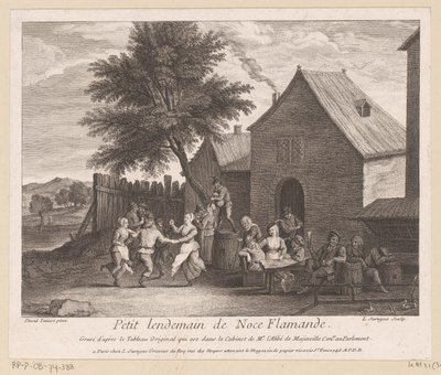 Flämische Dorfszene mit feiernder Gesellschaft vor einem Gasthaus von Louis Surugue