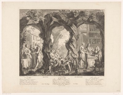 Landschaft mit drei Szenen, in denen eine junge Frau ein Medaillon kauft, trägt und verkauft von Louis Truchy