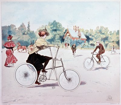 Frau auf Fahrrad - Zeichnung von L. Vallet von Louis Vallet