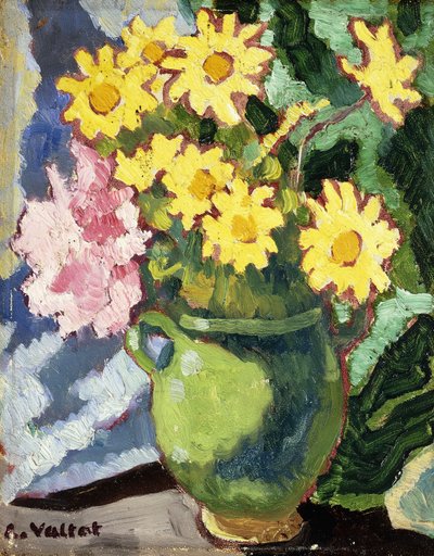 Gelbe Gänseblümchen in einem grünen Krug von Louis Valtat