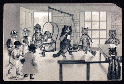 Wir genießen das schöne Wetter. Tiere in menschlicher Haltung. Katze als Jockey wird auf einer Waage gewogen. Postkarte. Chromolithographie von Louis Wain (1860-1939), englischer Künstler, bekannt für seine Darstellung von Katzen mit großen Augen. Anfang d von Louis Wain