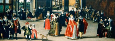 Elegante Figuren tanzen in einem Innenraum von Louis de Caullery