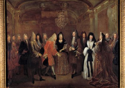 König Ludwig XIV. (1638-1715) empfängt Prinz Friedrich August von Sachsen von Elisabeth Charlotte d