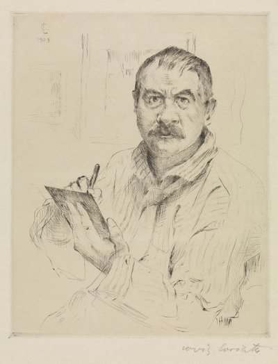Selbstbildnis, radierend von Lovis Corinth
