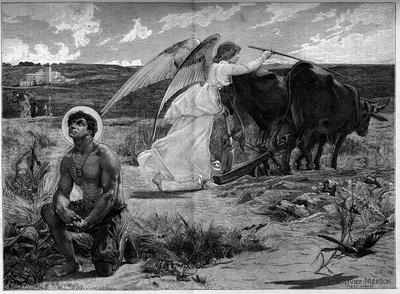 Heiliger Isidor, Schutzpatron der Pflüger. Ein Engel hilft dem Heiligen Isidor, ein Feld mit einem Pflug zu pflügen. 19. Jahrhundert. Stich nach dem Gemälde von Luc Olivier Merson (1846-1920). In „Le Monde illustré“ Nr. 1294 vom 21. Januar von Luc Oliver Merson
