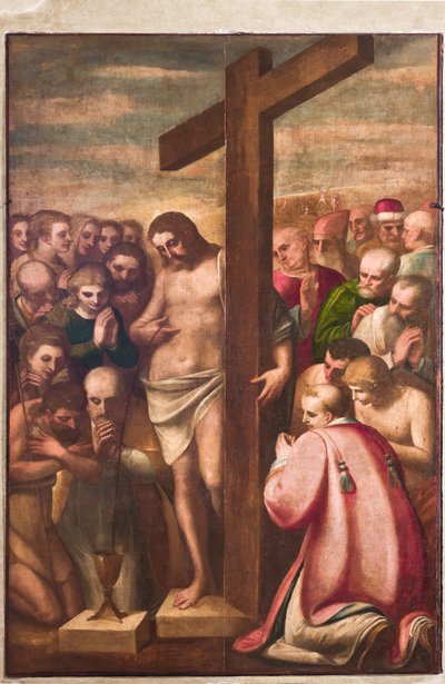 Genua, Duomo (St. Laurentius-Kathedrale), Sakristei, Kapelle: "Eucharistischer Christus, angebetet von Heiligen", von Luca Cambiaso, um 1580 von Luca Cambiaso