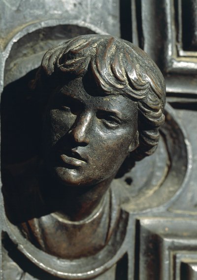 Kopf von Giuliano de Medici, Detail aus Bronzearbeit an der Tür von Luca della Robbia (1400-1481). Neue Sakristei, Kathedrale Santa Maria del Fiore, Florenz. Italien von Luca Della Robbia