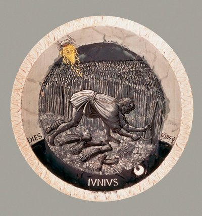 Juni: ein Bauer erntet den Weizen. Terrakotta von Luca della Robbia von Luca Della Robbia