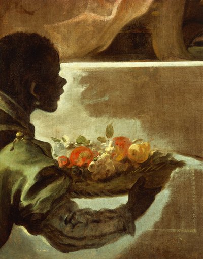 Diener präsentiert einen Korb mit Früchten, Detail aus Hommage an Velazquez für den Grafen von Santiesteban von Luca Giordano