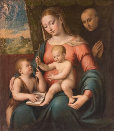 Jungfrau mit Kind, der junge St. Johannes und ein St. Nikolaus von Tolentino von Luca Longhi