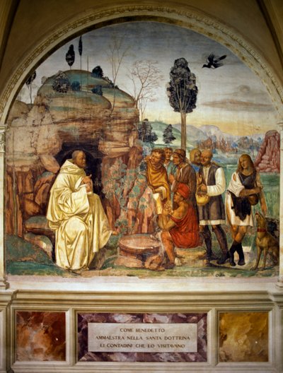Papst Benedikt lehrt heilige Doktrin den Bauern, aus Geschichten des Heiligen Benedikt von Monte Oliveto Maggiore von Luca Signorelli