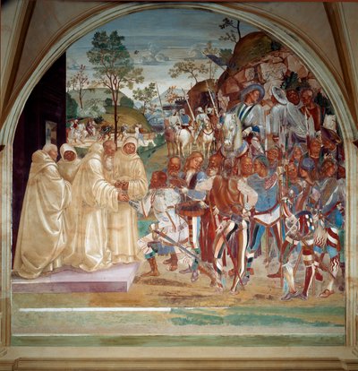 Der heilige Benedikt von Nursia empfängt Totila (6. Jahrhundert), König der Ostgoten. Fresko im Refektorium der Mönche von Luca Signorelli, das das Leben des heiligen Benedikt von Nursia (480 - 567) erzählt, Gründer des Benediktinerordens. 1503 - 1508 Abte von Luca Signorelli