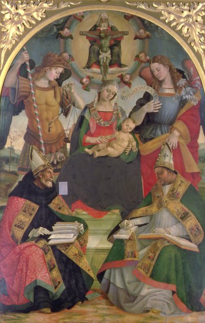 Die Dreifaltigkeit, Madonna mit Kind, Engel und Heilige von Luca Signorelli