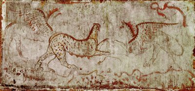 Ein Kampf zwischen einem Panther und einem Greif. Lukanisches Fresko aus dem 4. Jahrhundert v. Chr., aus dem Grab des Reiters, Nekropole von Paestum, Italien von Lucanian School