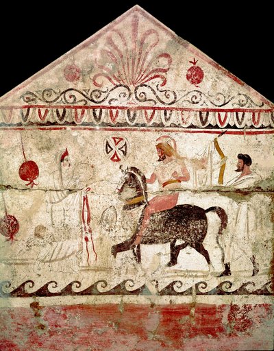 Die Rückkehr des siegreichen Kriegers. Lukanisches Fresko aus dem 4. Jahrhundert v. Chr., aus Grab 86, Nekropole von Andriuolo in Paestum, Italien. Museo nazionale archeologico, Paestum von Lucanian School