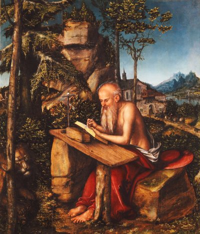 Der heilige Hieronymus schreibt in einer felsigen Landschaft, ca. 1515 von Lucas Cranach