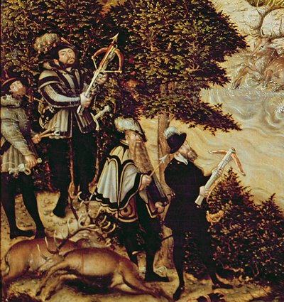 Johann Friedrich der Großmütige, Kurfürst von Sachsen und Kaiser Karl V. jagen Hirsche in der Nähe von Schloss Hartenfels, Torgau, 1544 (Detail) von Lucas Cranach the Elder