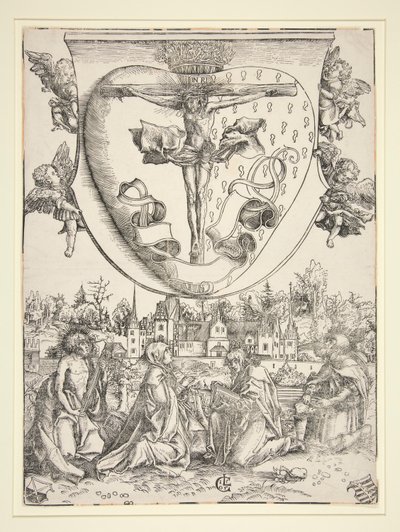 Die Jungfrau, Sankt Johannes, Sankt Laurentius und Sankt Rochus mit den Waffen des Heiligen Herzens von Lucas Cranach the Elder