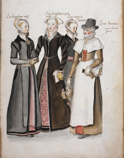 Vier Engländerinnen in der Kleidung der elisabethanischen Ära: eine Frau eines Bürgers von London, eine Frau eines wohlhabenden Bürgers von London, eine Tochter der Frau des Bürgers von London und eine Landfrau, 