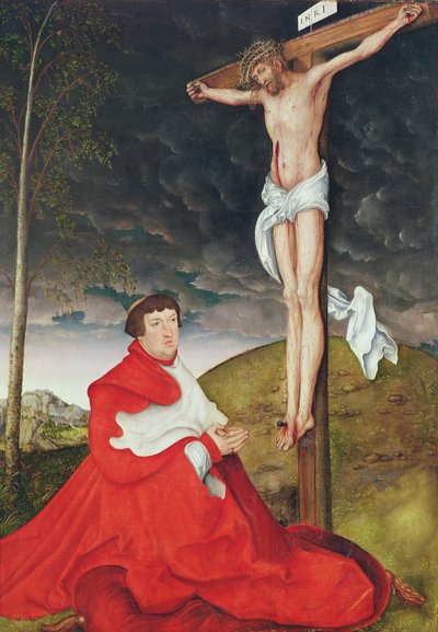 Albert, Kurfürst von Mainz am Fuße des Kreuzes von Lucas the Elder Cranach