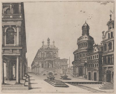 Ecke eines Palastes mit Kolonnade und Rundbau von Lucas van Doetechum and Johannes
