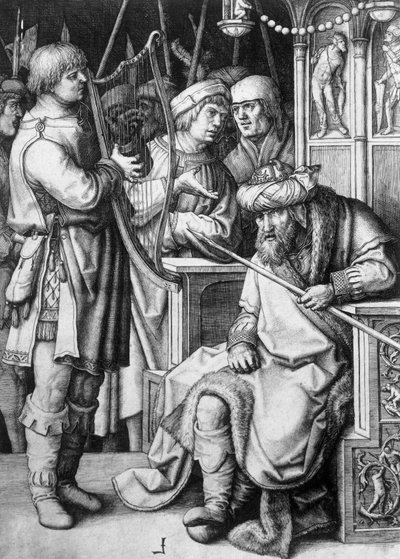 David spielt Harfe vor König Saul, um 1508, von Lucas van Leyden (ca. 1494-1533), Gravur von Lucas van Leyden