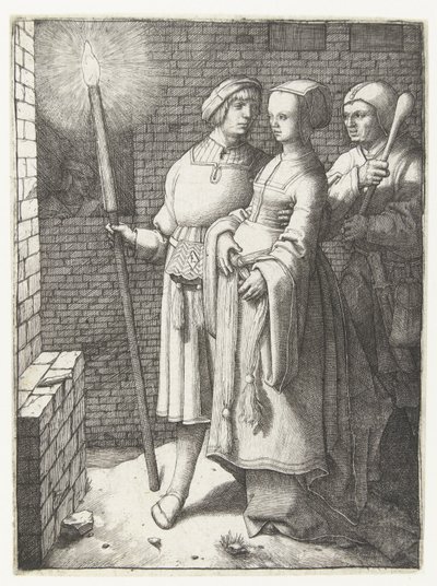 Junger Mann mit Fackel, eine Frau und ein Narr von Lucas van Leyden
