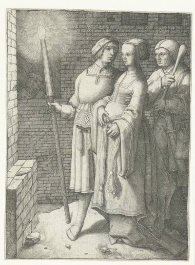 Junger Mann mit einer Fackel, eine Frau und ein Narr von Lucas van Leyden