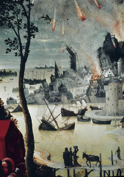Lot und seine Töchter (Detail der Zerstörung von Sodom) von Lucas van Leyden
