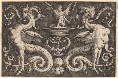 Ornament mit zwei Sphinxen und einem geflügelten Mann von Lucas van Leyden