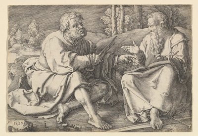 Die Heiligen Petrus und Paulus sitzen in einer Landschaft, 1527 von Lucas van Leyden