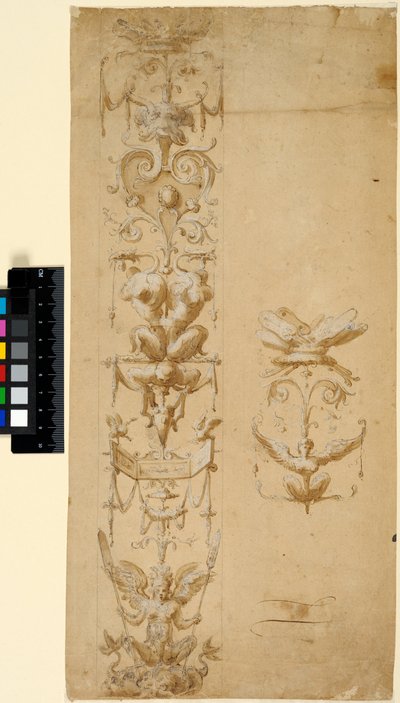 Wand- oder Pilasterdekoration mit streng symmetrisch angeordneten Grotesken von Lucas van Leyden