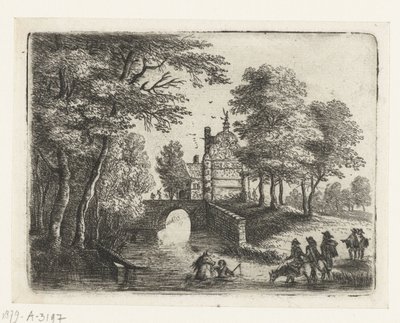 Landschaft mit einem Fluss, einer Brücke und Reitern Kleine Landschaften (Serientitel) von Lucas van Uden