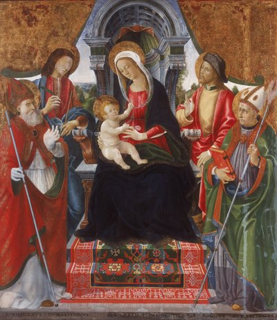 Jungfrau und Kind mit den Heiligen Nikolaus, Sebastian, Rochus und Martin von Lucchese School Late 15th Century