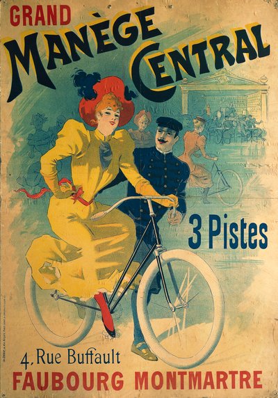 Grand Manege Central, Werbeplakat für Radrennbahn, Frau auf Fahrrad darstellend von Lucien Baylac
