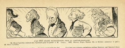 Illustration in Le Rire, 04/01/13 - das Jahr 1913... - Theater, Comédie Française - Hugo Victor, Dumas Alexandre (fils), Lavedan Henri (1859-1940), Guitry Sacha, Musset Alfred, Molière (Gravur) von Lucien Metivet