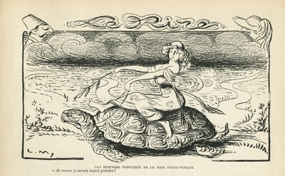 Illustration in Le Rire, 05/10/12 - Die verschlungenen Pfade des Friedens Italo-türkisch - Krieg, Türkei, Italien, Frieden - Schildkröte - Animation, Allegorie (Gravur) von Lucien Metivet